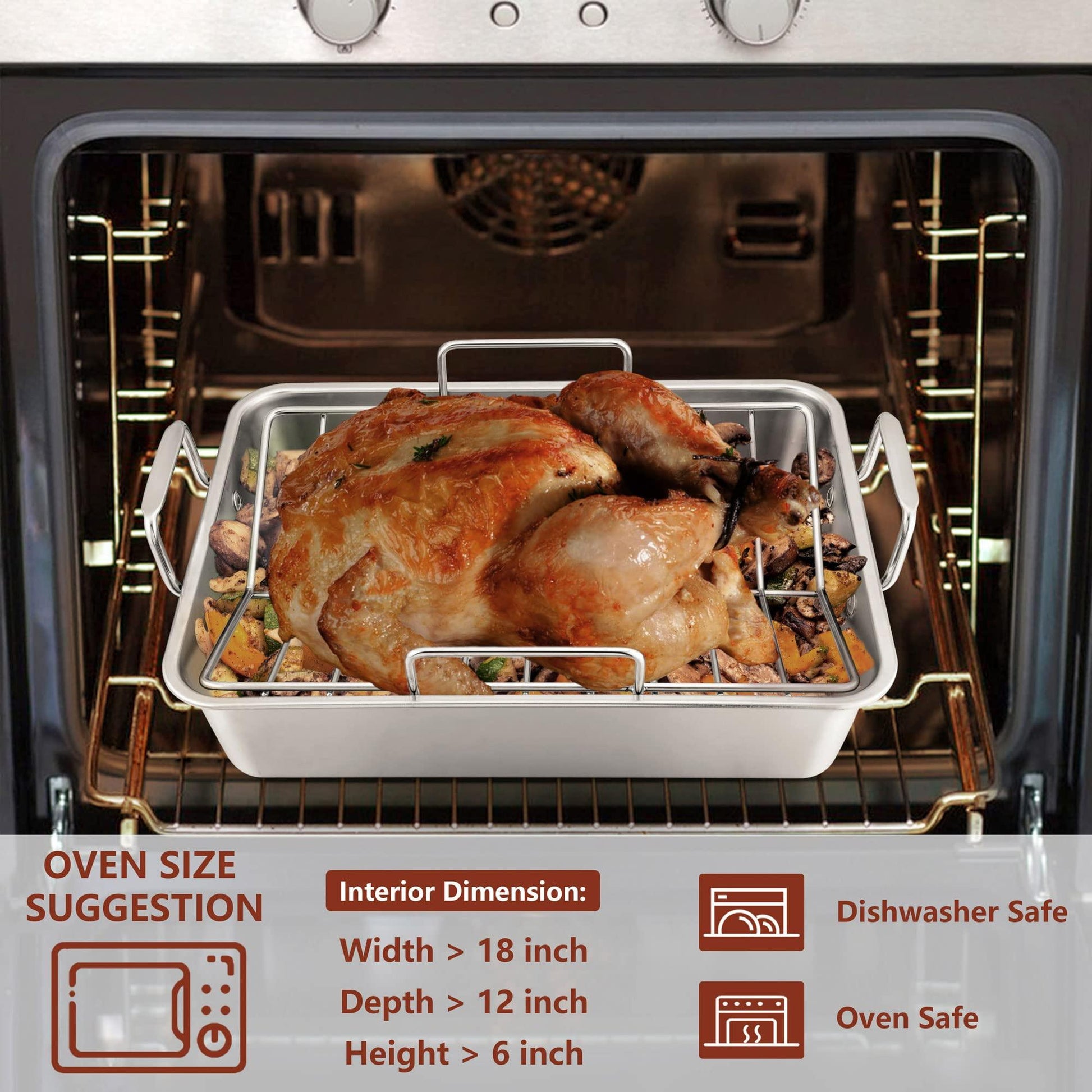 LIANYU Roasting Pan with Rack, 15 Inch Stainless Steel Turkey Roaster Pan with V-Shaped Rack and Baking Rack, Heavy Duty Roaster Pot for Turkey, Chicken, Vegetable, Lasagna, Dishwasher Safe - CookCave