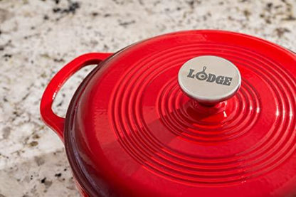 Lodge 3 Quart Enameled Cast Iron Dutch Oven with Lid – Dual Handles – Oven Safe up to 500° F or on Stovetop - Use to Marinate, Cook, Bake, Refrigerate and Serve – Island Spice Red - CookCave
