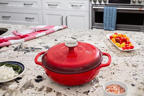 Lodge 3 Quart Enameled Cast Iron Dutch Oven with Lid – Dual Handles – Oven Safe up to 500° F or on Stovetop - Use to Marinate, Cook, Bake, Refrigerate and Serve – Island Spice Red - CookCave