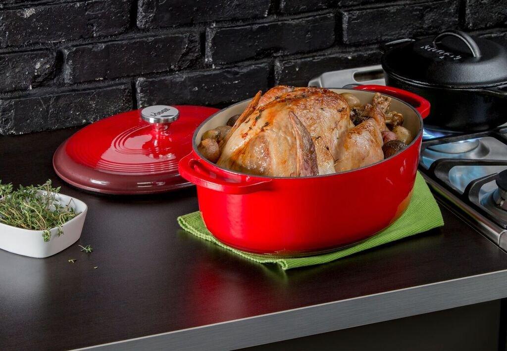 Lodge 7 Quart Enameled Cast Iron Dutch Oven with Lid – Dual Handles – Oven Safe up to 500° F or on Stovetop - Use to Marinate, Cook, Bake, Refrigerate and Serve – Red - CookCave