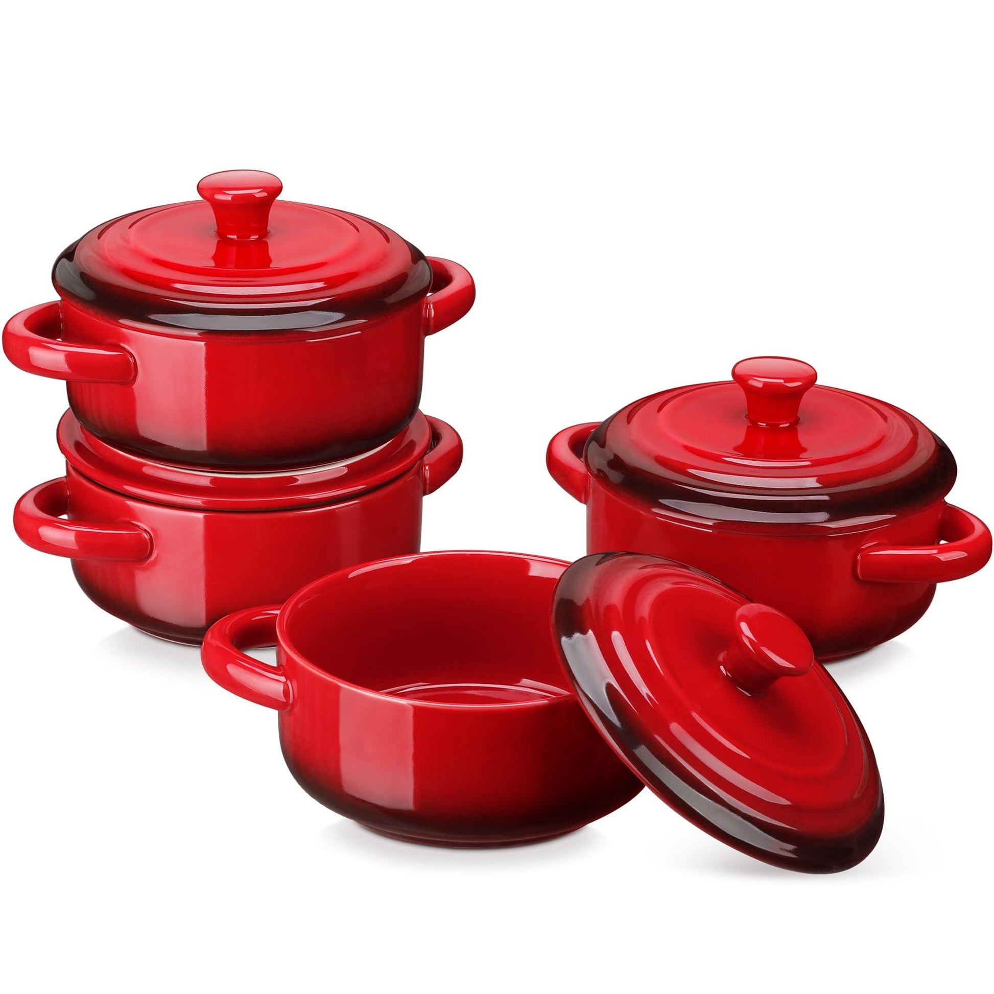 LOVECASA Mini Cocotte Set,14 OZ Small Casserole Dishes with Lids, Soup Bowls With Handles,Individual Baking Ramekins,Oven, Microwave & Dishwasher Safe,Set of 4,Red - CookCave