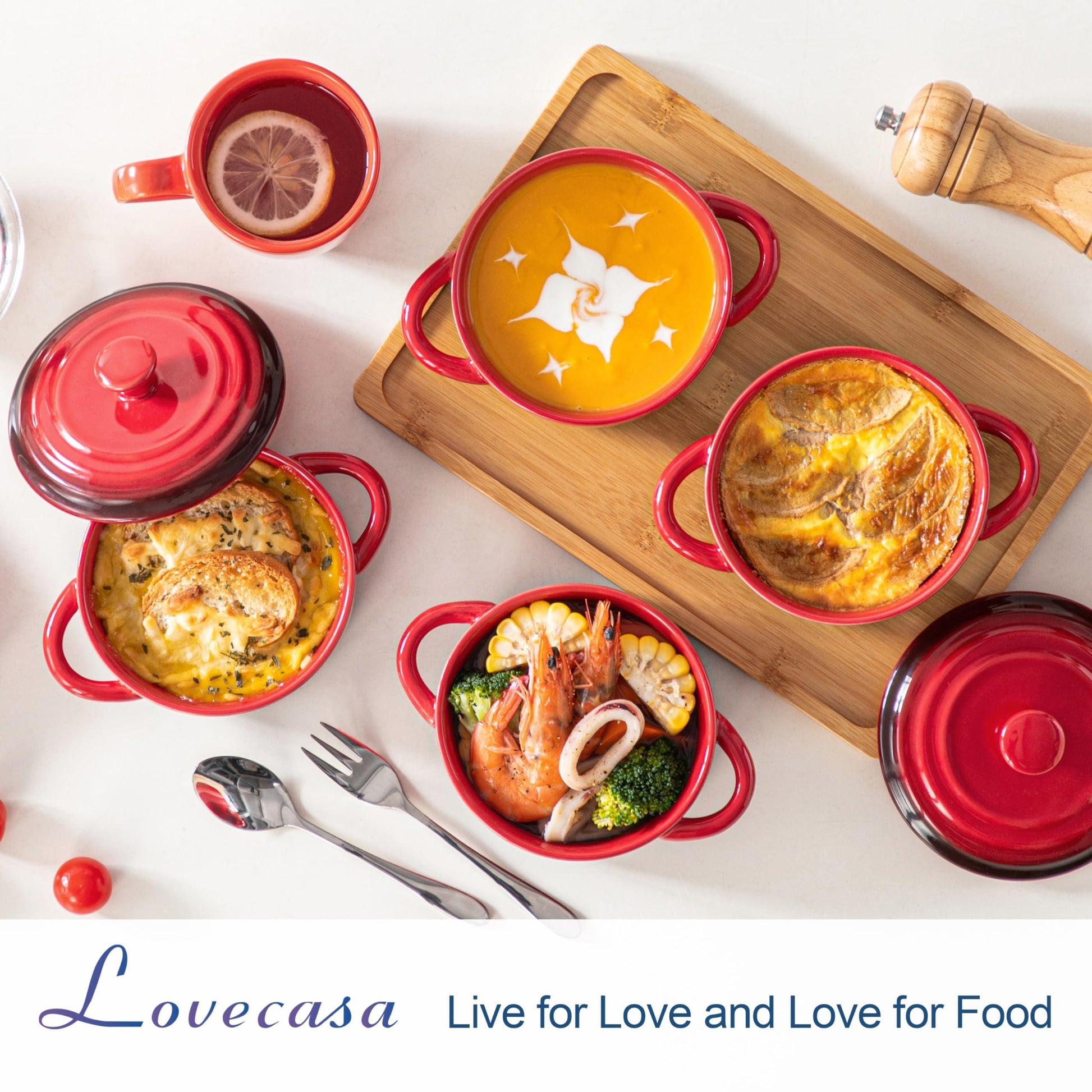 LOVECASA Mini Cocotte Set,14 OZ Small Casserole Dishes with Lids, Soup Bowls With Handles,Individual Baking Ramekins,Oven, Microwave & Dishwasher Safe,Set of 4,Red - CookCave