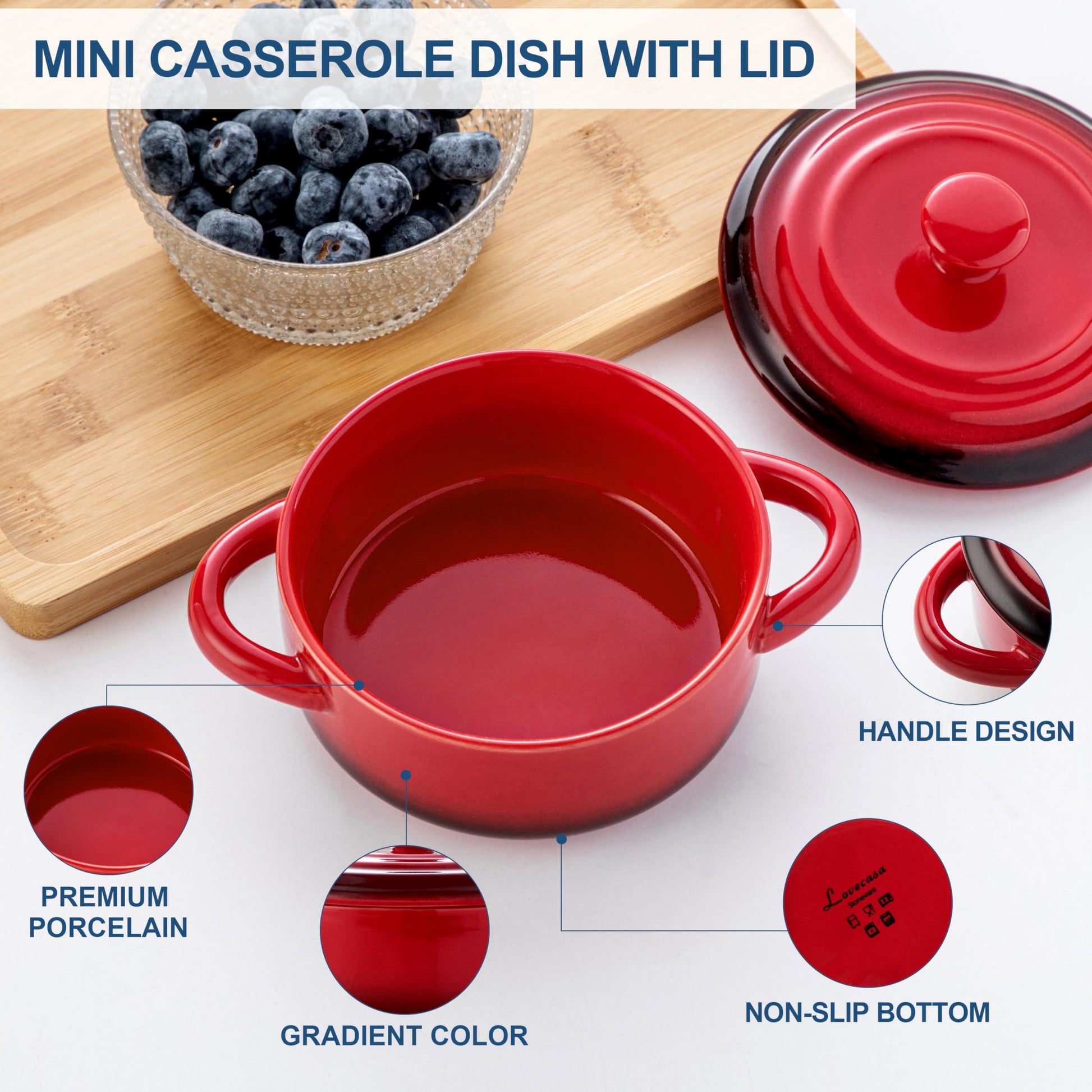 LOVECASA Mini Cocotte Set,14 OZ Small Casserole Dishes with Lids, Soup Bowls With Handles,Individual Baking Ramekins,Oven, Microwave & Dishwasher Safe,Set of 4,Red - CookCave