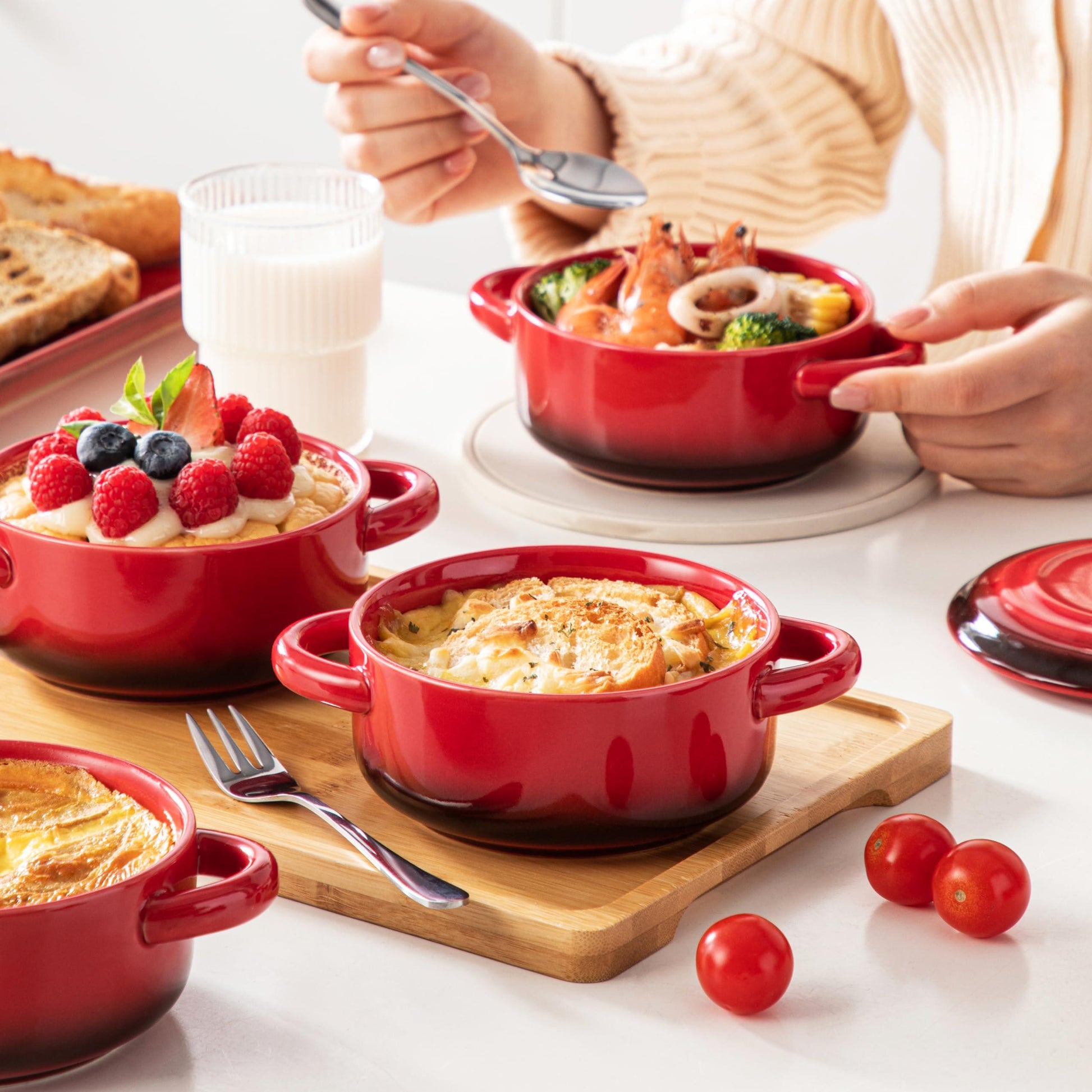 LOVECASA Mini Cocotte Set,14 OZ Small Casserole Dishes with Lids, Soup Bowls With Handles,Individual Baking Ramekins,Oven, Microwave & Dishwasher Safe,Set of 4,Red - CookCave