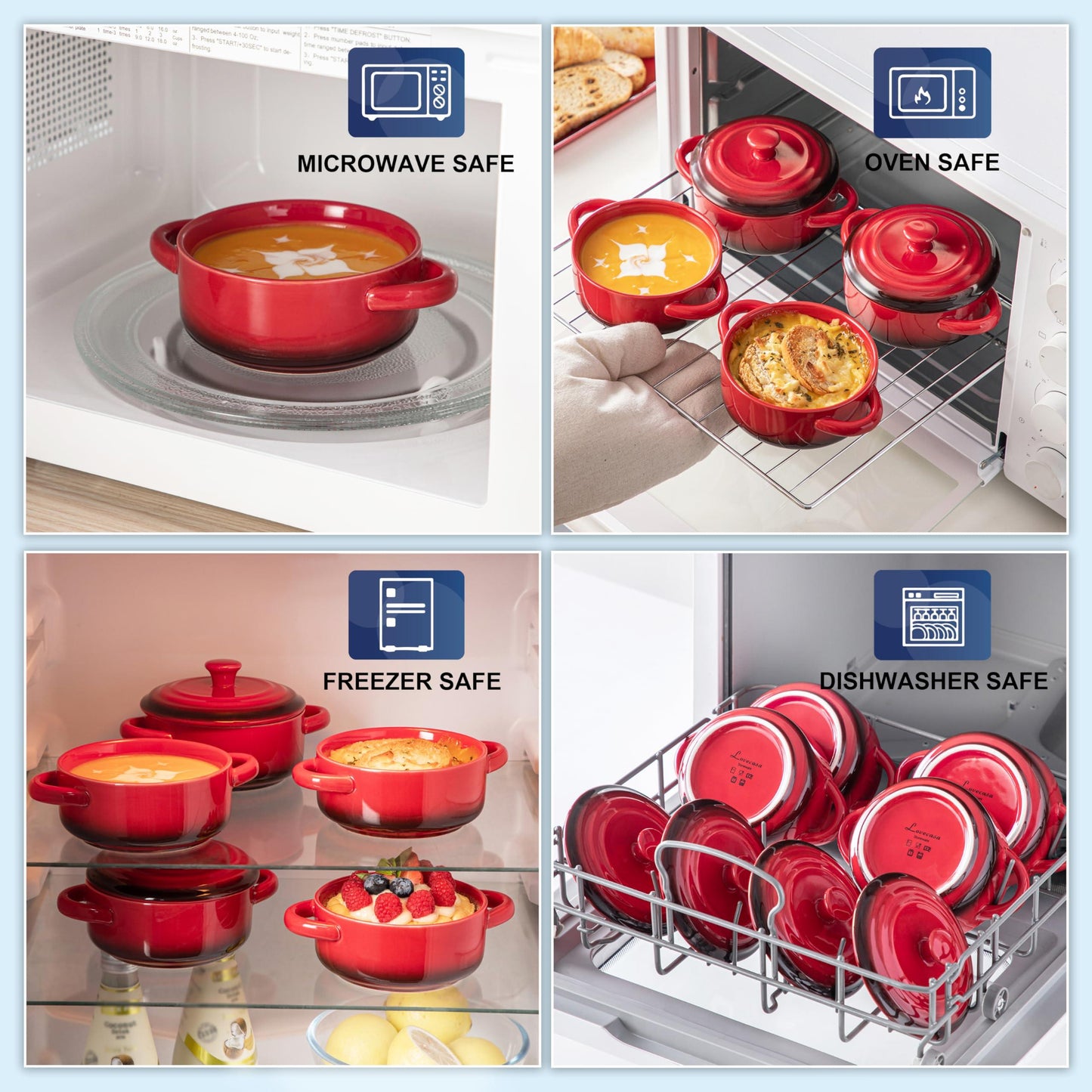LOVECASA Mini Cocotte Set,14 OZ Small Casserole Dishes with Lids, Soup Bowls With Handles,Individual Baking Ramekins,Oven, Microwave & Dishwasher Safe,Set of 4,Red - CookCave