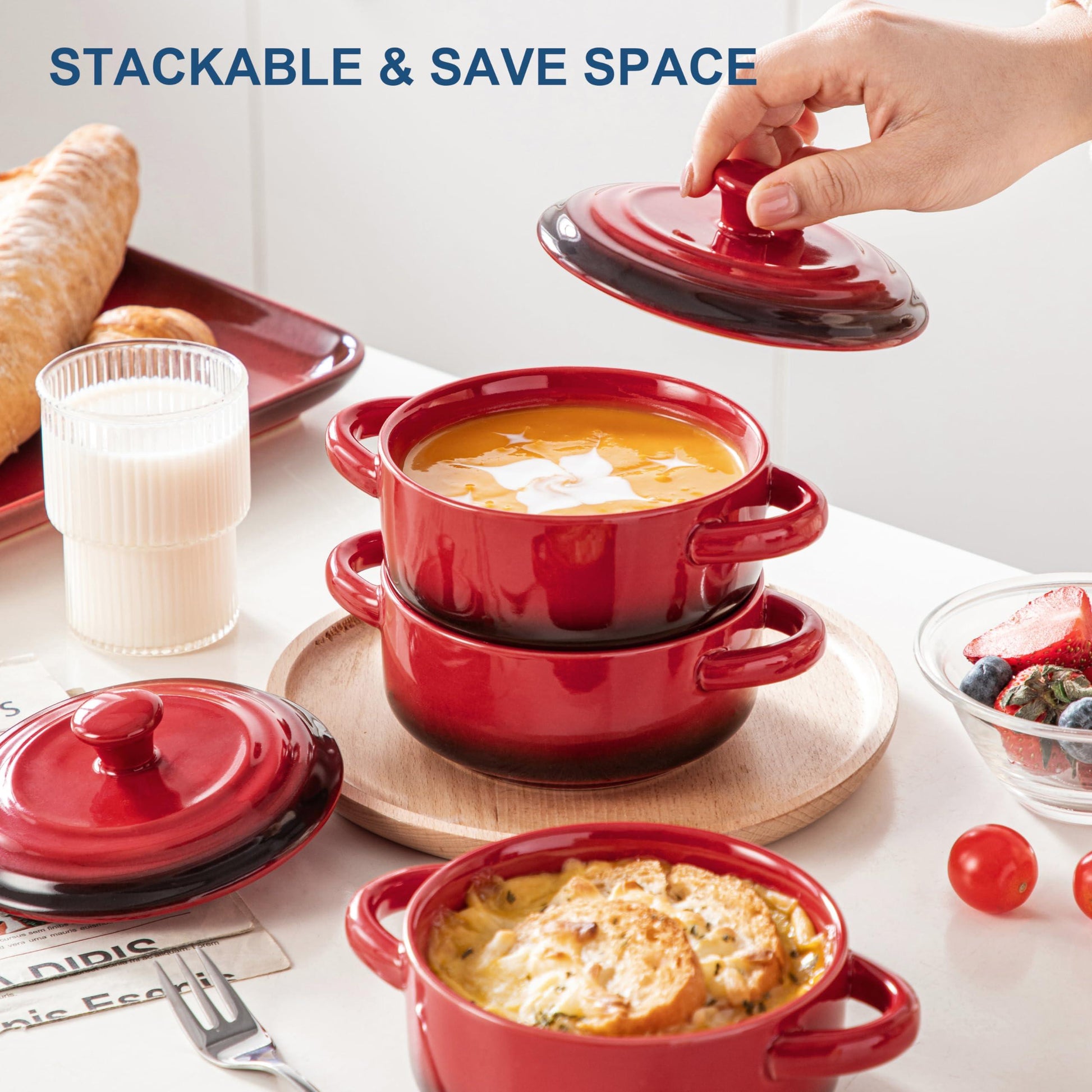 LOVECASA Mini Cocotte Set,14 OZ Small Casserole Dishes with Lids, Soup Bowls With Handles,Individual Baking Ramekins,Oven, Microwave & Dishwasher Safe,Set of 4,Red - CookCave