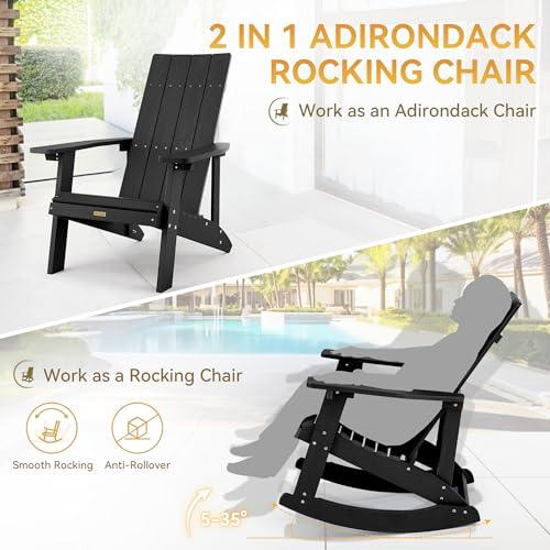 LUE BONA 2-in-1 Adirondack Rocking Chairs Set of 2, HDPS Poly Rocking Chair Outdoor, Modern Plastic Adirondack Chair for Fire Pit, Pool, Deck, Weather Resistant Rocker Chair for Porch, Yard, Black - CookCave