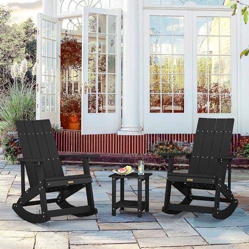 LUE BONA 2-in-1 Adirondack Rocking Chairs Set of 2, HDPS Poly Rocking Chair Outdoor, Modern Plastic Adirondack Chair for Fire Pit, Pool, Deck, Weather Resistant Rocker Chair for Porch, Yard, Black - CookCave