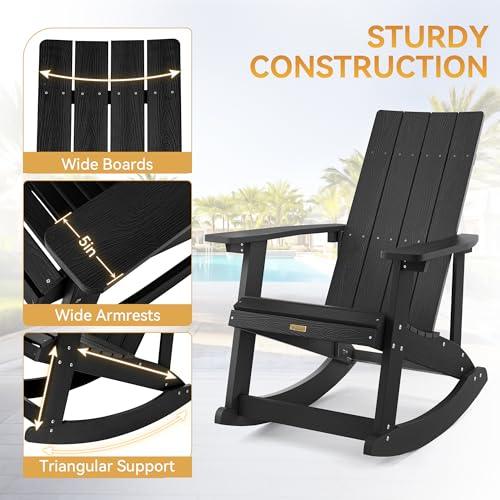 LUE BONA 2-in-1 Adirondack Rocking Chairs Set of 2, HDPS Poly Rocking Chair Outdoor, Modern Plastic Adirondack Chair for Fire Pit, Pool, Deck, Weather Resistant Rocker Chair for Porch, Yard, Black - CookCave