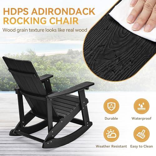 LUE BONA 2-in-1 Adirondack Rocking Chairs Set of 2, HDPS Poly Rocking Chair Outdoor, Modern Plastic Adirondack Chair for Fire Pit, Pool, Deck, Weather Resistant Rocker Chair for Porch, Yard, Black - CookCave