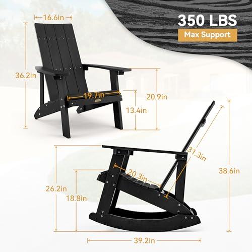 LUE BONA 2-in-1 Adirondack Rocking Chairs Set of 2, HDPS Poly Rocking Chair Outdoor, Modern Plastic Adirondack Chair for Fire Pit, Pool, Deck, Weather Resistant Rocker Chair for Porch, Yard, Black - CookCave