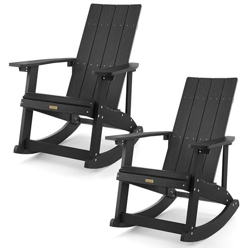 LUE BONA 2-in-1 Adirondack Rocking Chairs Set of 2, HDPS Poly Rocking Chair Outdoor, Modern Plastic Adirondack Chair for Fire Pit, Pool, Deck, Weather Resistant Rocker Chair for Porch, Yard, Black - CookCave