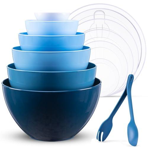 LUXEAR Mixing Bowls with Lids Set, 14 Pieces Plastic Nesting Bowls Includes 6 Prep Bowls, 6 Lids, 2 Cooking Spoons(Can Convert into Tongs), Microwave Dishwasher Safe for Mixing Serving Baking Storing - CookCave