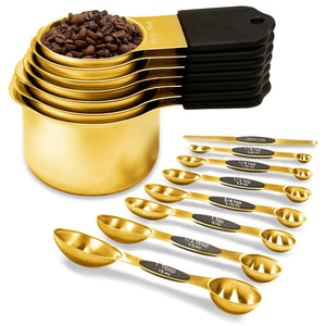 Magnetic Measuring Cups and Spoons Set, Including 7 Stainless Steel Nesting Gold Measuring Cups & 8 Magnetic Gold Measuring Spoons with 1 Leveler for Cooking & Baking - CookCave