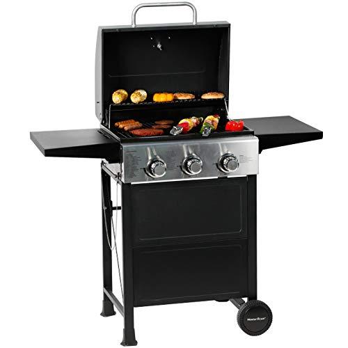 MASTER COOK 3 Burner BBQ Propane Gas Grill, Stainless Steel 30,000 BTU Patio Garden Barbecue Grill with Two Foldable Shelves - CookCave