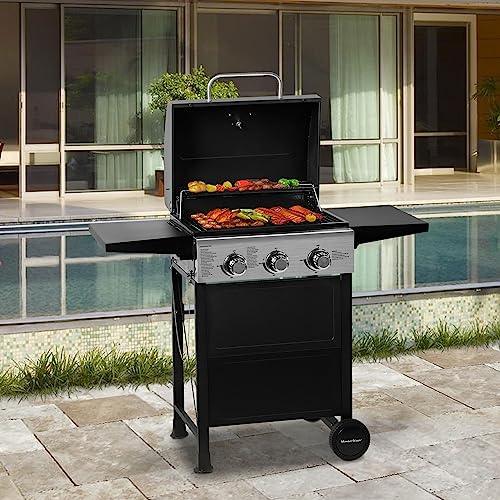 MASTER COOK 3 Burner BBQ Propane Gas Grill, Stainless Steel 30,000 BTU Patio Garden Barbecue Grill with Two Foldable Shelves - CookCave