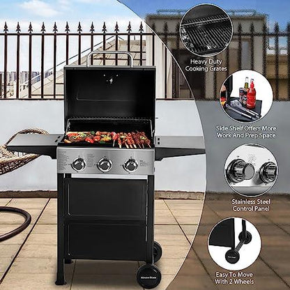 MASTER COOK 3 Burner BBQ Propane Gas Grill, Stainless Steel 30,000 BTU Patio Garden Barbecue Grill with Two Foldable Shelves - CookCave