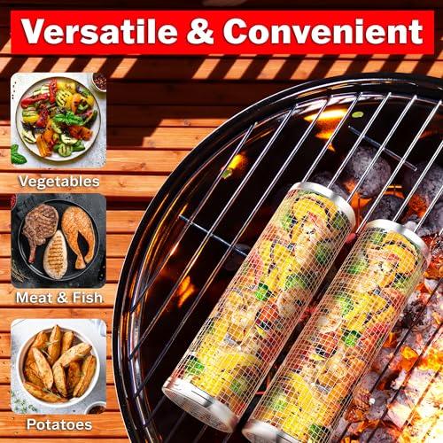McKay Rolling BBQ Grilling Basket 2 Pcs Set | Portable, Durable Stainless Steel, Perfect for Barbecue & Outdoor Cooking- Rotating Grill Accessories Mesh Net Tube Cylinder for Delicious Meals, Veggies - CookCave
