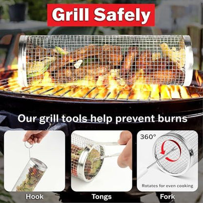 McKay Rolling BBQ Grilling Basket 2 Pcs Set | Portable, Durable Stainless Steel, Perfect for Barbecue & Outdoor Cooking- Rotating Grill Accessories Mesh Net Tube Cylinder for Delicious Meals, Veggies - CookCave