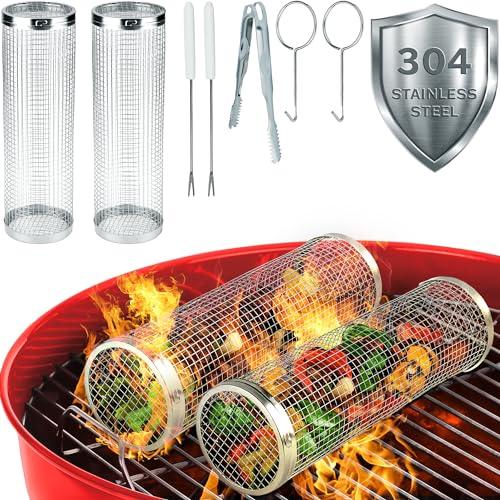 McKay Rolling BBQ Grilling Basket 2 Pcs Set | Portable, Durable Stainless Steel, Perfect for Barbecue & Outdoor Cooking- Rotating Grill Accessories Mesh Net Tube Cylinder for Delicious Meals, Veggies - CookCave