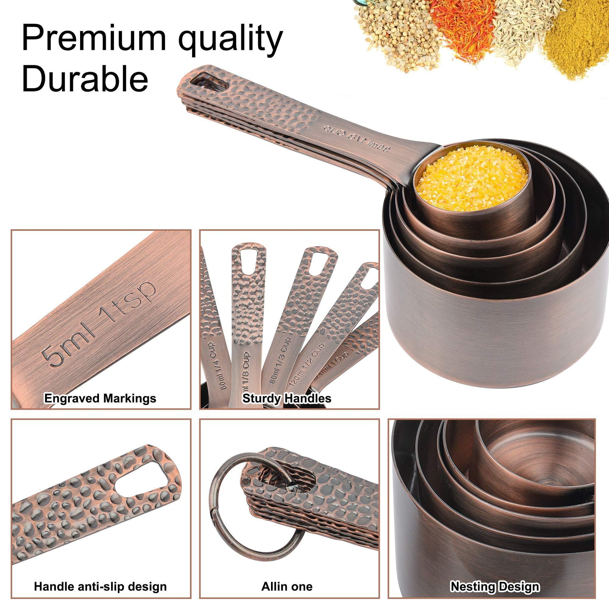 Measuring Cups and Spoons, Copper Measuring Cups and Spoons set, Stainless Steel Copper Plated 14 Piece Set of 5 Copper Measuring Cups and 6 Copper Measuring Spoons,1Leveler and 2Rings, Kitchen Tool - CookCave