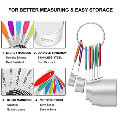 Measuring Cups and Spoons - Wildone Stainless Steel 20 Piece Stackable Set, Includes 8 Measuring Cups, 10 Measuring Spoons, 1 Leveler & 1 Whisk, for Dry and Liquid Ingredient - CookCave