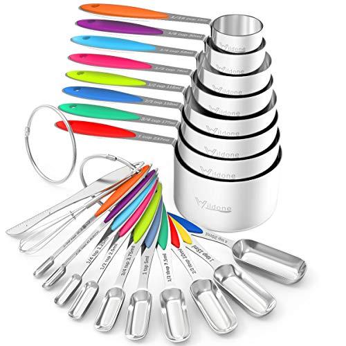 Measuring Cups and Spoons - Wildone Stainless Steel 20 Piece Stackable Set, Includes 8 Measuring Cups, 10 Measuring Spoons, 1 Leveler & 1 Whisk, for Dry and Liquid Ingredient - CookCave