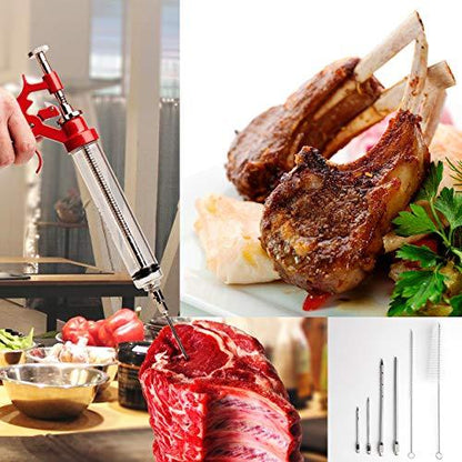 Meat Injector Marinade Gun Stainless Steel Outdoor Kit Flavor Food Syringes & 4 Marinades Needles for BBQ Grill Smoker Injectors Professional Syringe Held Culinary Barbecue Tool - CookCave