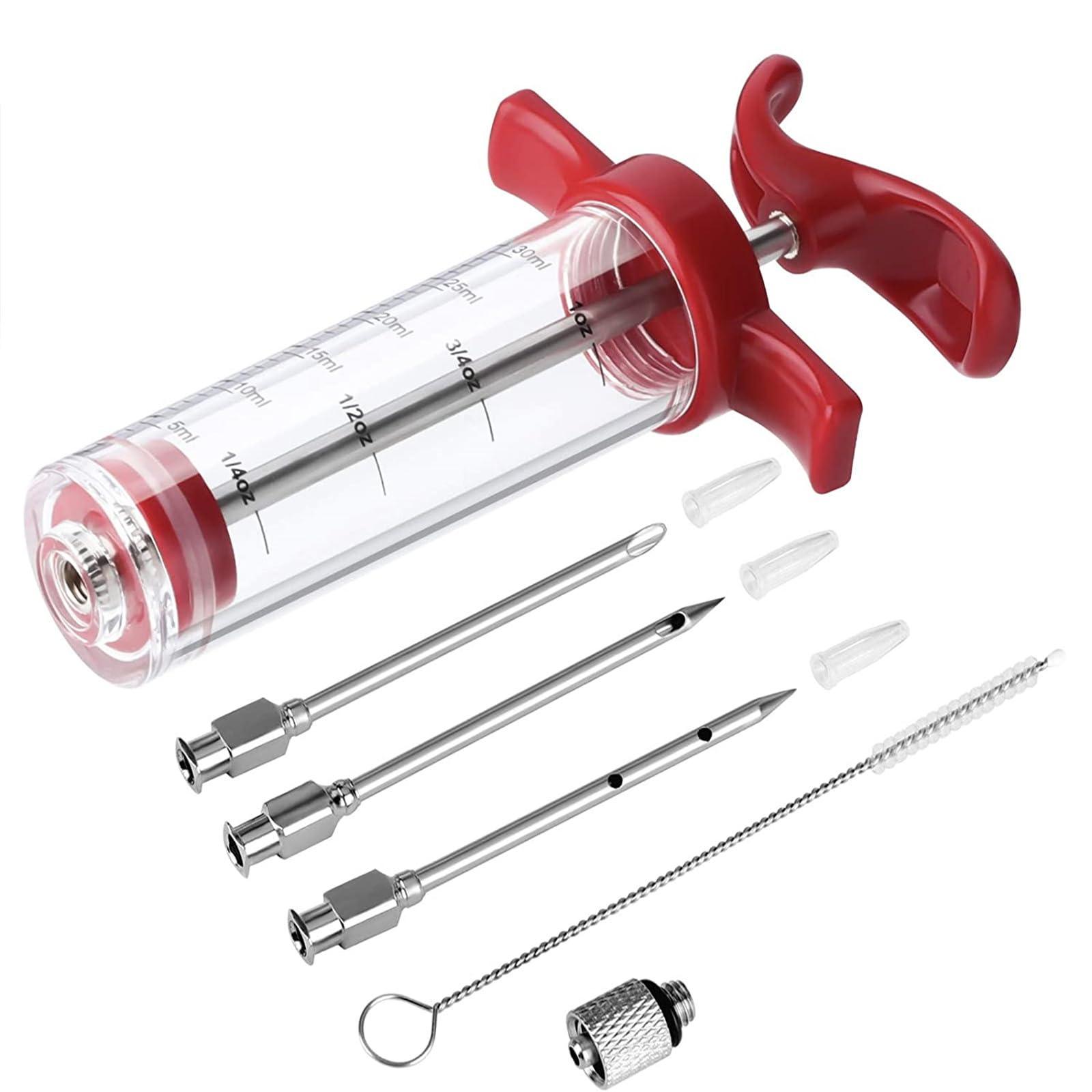 Meat Injector Syringe - 3 Marinade Injector Needles for BBQ Grill, Premium Portable Turkey Injector kit for Smoker,Marinades Injector for Meats With 1oz Large Capacity 1 Brush Easy to Use & Clean Red - CookCave