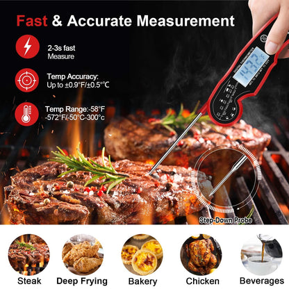 Meat Thermometer Digital for Grilling and Cooking - ANDAXIN Waterproof Ultra-Fast Instant Read Food thermometers with Backlight & Calibration for Kitchen, Deep Fry, BBQ, Grill(Red/Black), LCD - CookCave