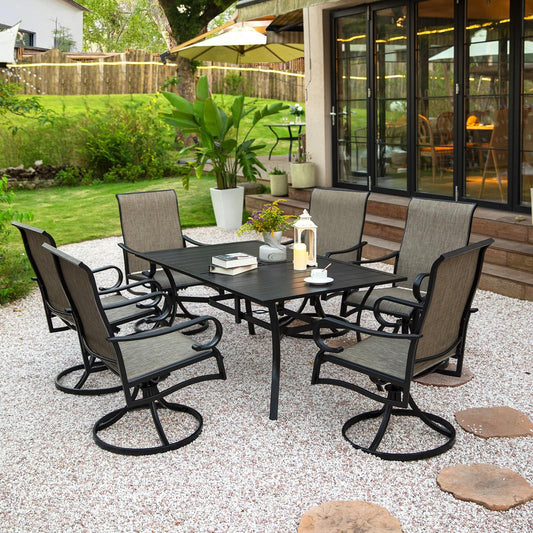 MEOOEM 7PCs Outdoor Patio Dining Set, 6 Swivel Chairs and Rectangle Metal Table with 1.57" Hole for Umbrella, Bistro Dining Furniture for Garden Backyard - CookCave