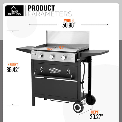 MFSTUDIO Flat Top Gas Griddle Grill with lid, 3 Burner Propane BBQ Grill Outdoor Cooking, Can be Used As a Table Top Griddle, for Camping, 33,000 BTU - CookCave