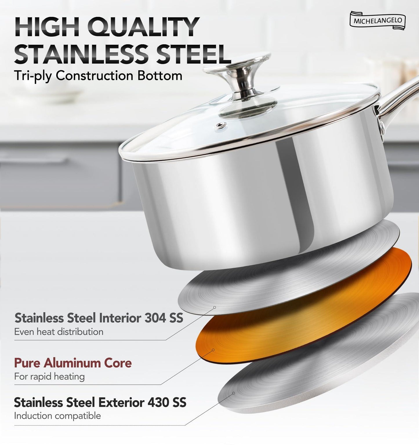 MICHELANGELO 2 Piece Stainless Steel Saucepan Set - 1Qt & 2Qt, Premium German Technology Sauce Pans, Induction Compatible 18/10 Stainless Steel - CookCave