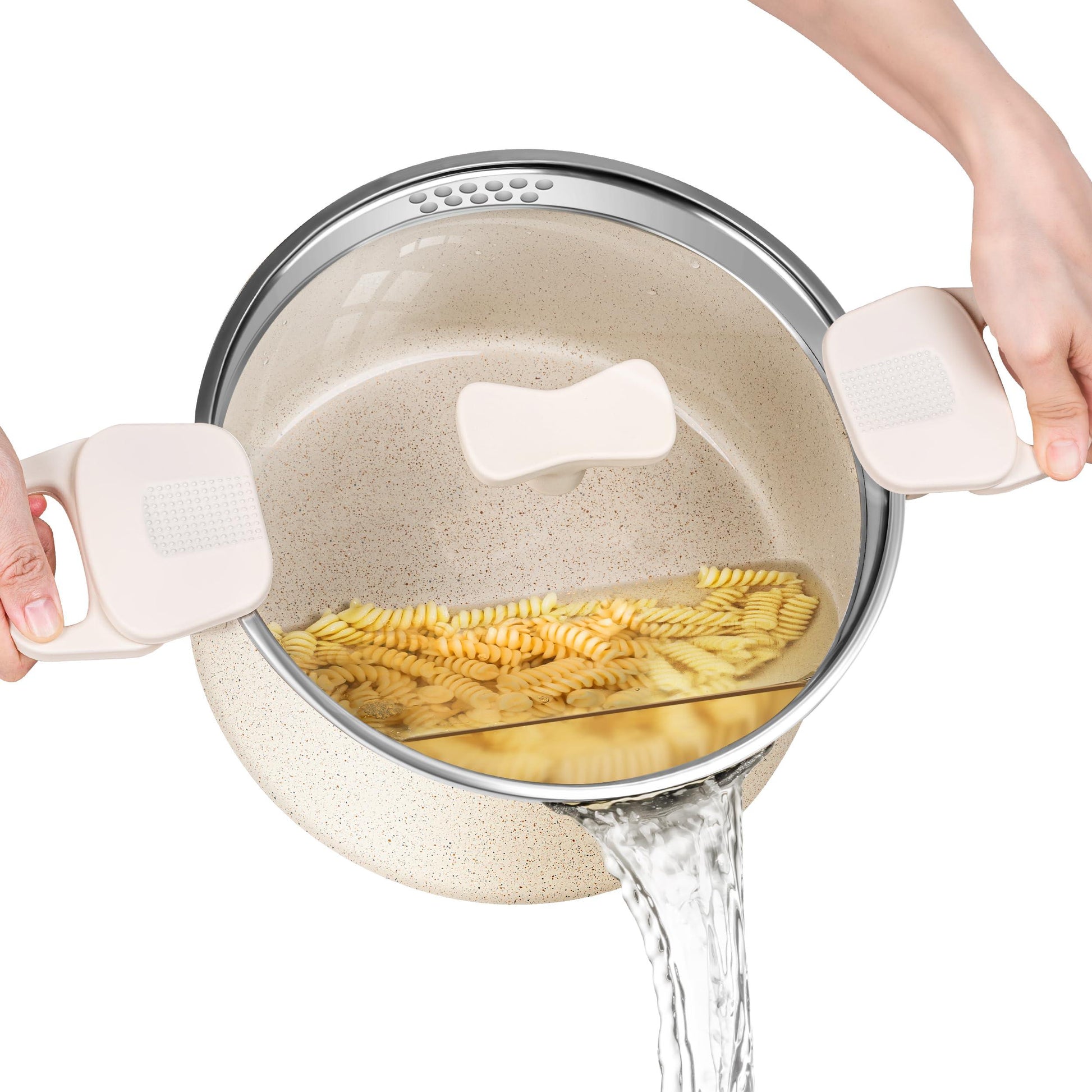 MICHELANGELO Pasta Pot with Strainer Lid, 6 Quart Multipurpose Pot with Twist and Lock Handles, Soup Pot with Nonstick Granite Coating, Spaghetti Pot Induction Compatible, White - CookCave