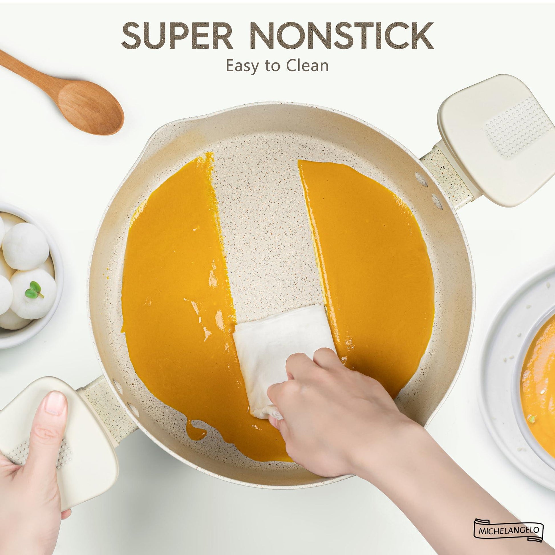 MICHELANGELO Pasta Pot with Strainer Lid, 6 Quart Multipurpose Pot with Twist and Lock Handles, Soup Pot with Nonstick Granite Coating, Spaghetti Pot Induction Compatible, White - CookCave