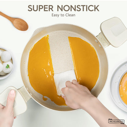 MICHELANGELO Pasta Pot with Strainer Lid, 6 Quart Multipurpose Pot with Twist and Lock Handles, Soup Pot with Nonstick Granite Coating, Spaghetti Pot Induction Compatible, White - CookCave