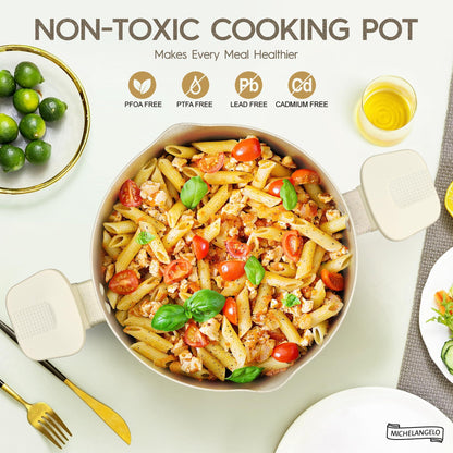 MICHELANGELO Pasta Pot with Strainer Lid, 6 Quart Multipurpose Pot with Twist and Lock Handles, Soup Pot with Nonstick Granite Coating, Spaghetti Pot Induction Compatible, White - CookCave