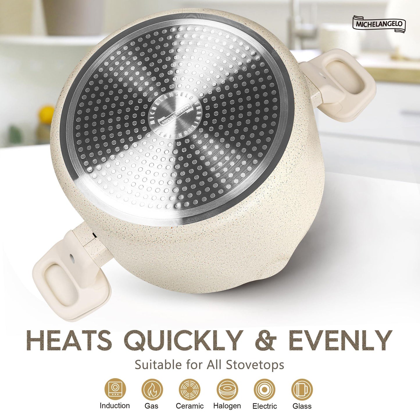 MICHELANGELO Pasta Pot with Strainer Lid, 6 Quart Multipurpose Pot with Twist and Lock Handles, Soup Pot with Nonstick Granite Coating, Spaghetti Pot Induction Compatible, White - CookCave