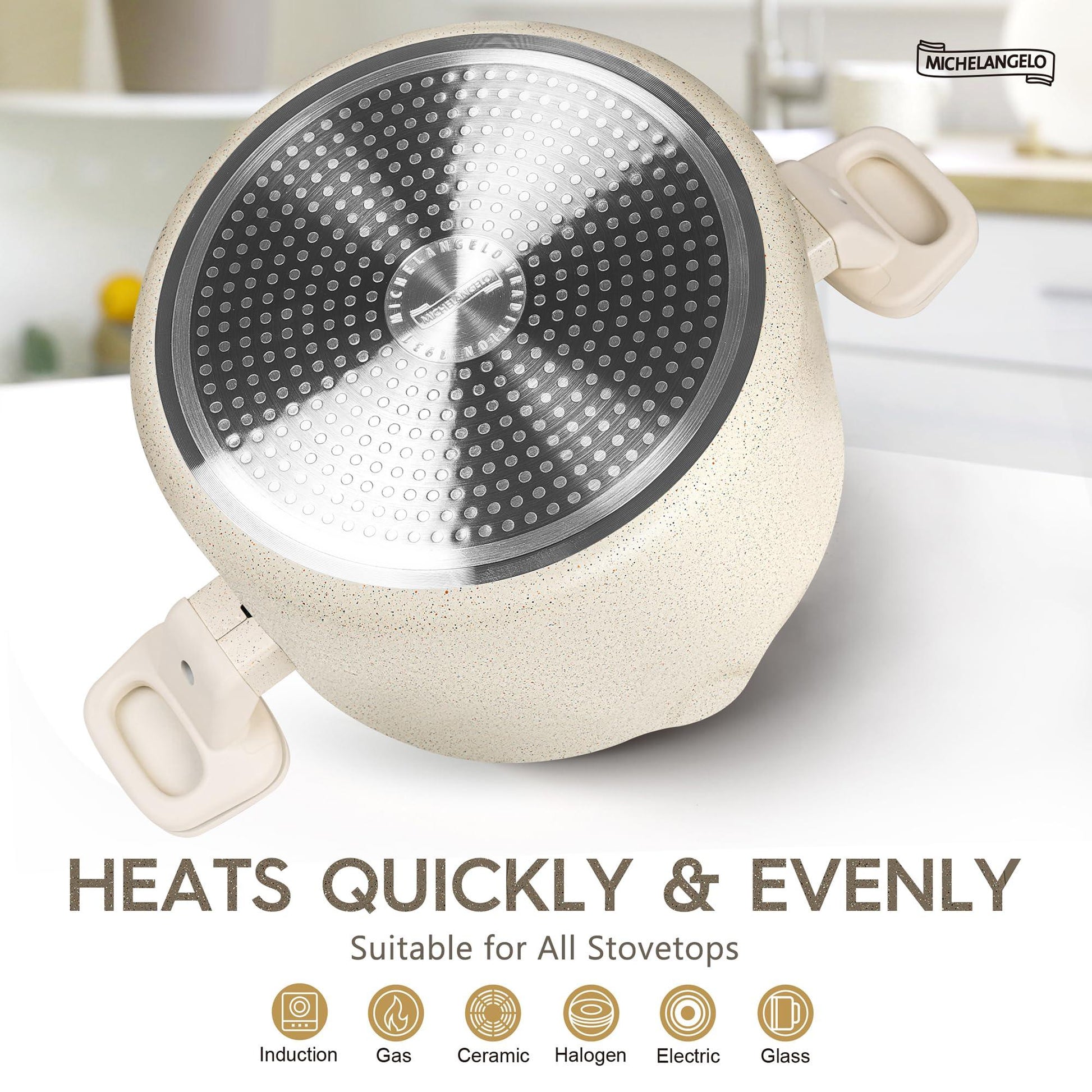 MICHELANGELO Pasta Pot with Strainer Lid, 6 Quart Multipurpose Pot with Twist and Lock Handles, Soup Pot with Nonstick Granite Coating, Spaghetti Pot Induction Compatible, White - CookCave