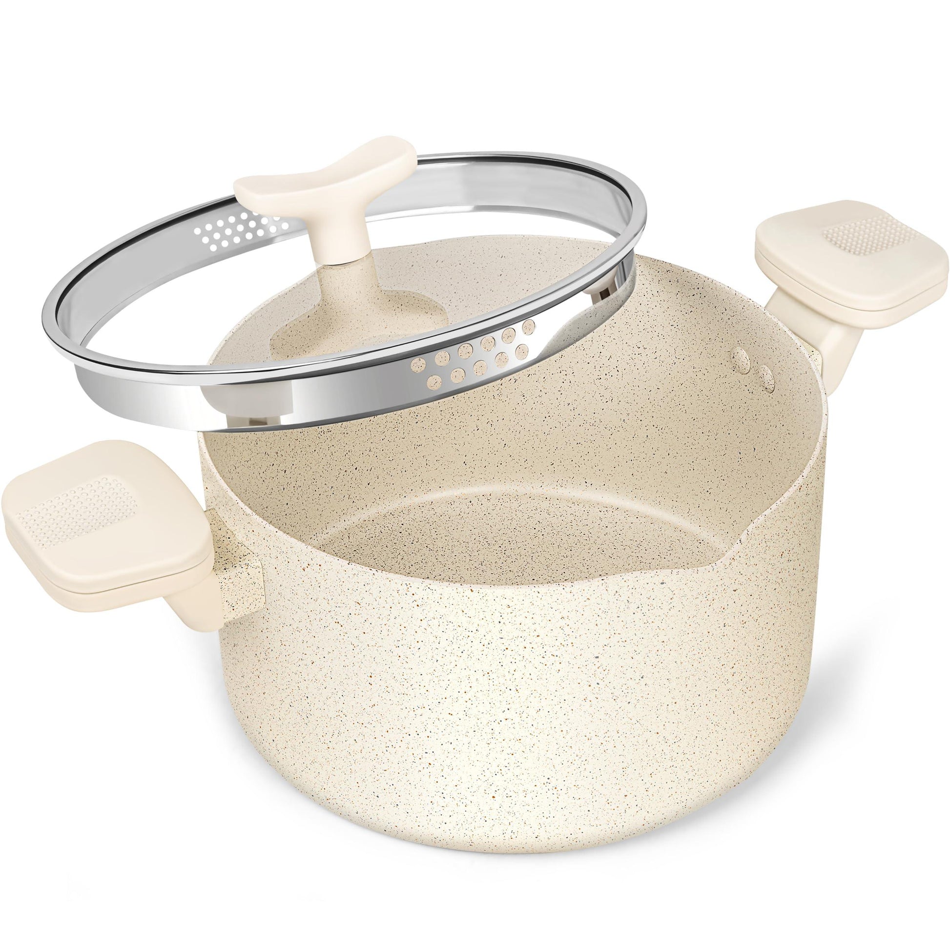 MICHELANGELO Pasta Pot with Strainer Lid, 6 Quart Multipurpose Pot with Twist and Lock Handles, Soup Pot with Nonstick Granite Coating, Spaghetti Pot Induction Compatible, White - CookCave