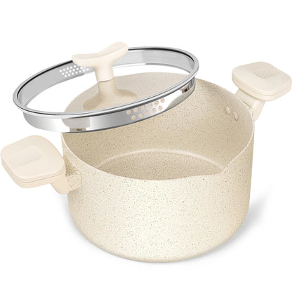 MICHELANGELO Pasta Pot with Strainer Lid, 6 Quart Multipurpose Pot with Twist and Lock Handles, Soup Pot with Nonstick Granite Coating, Spaghetti Pot Induction Compatible, White - CookCave