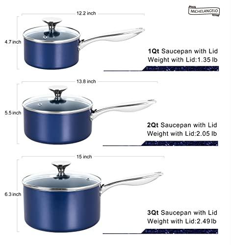 MICHELANGELO Sauce Pan Sets, Ceramic Saucepans with Lids, 1Qt & 2Qt & 3Qt Sauce Pans with Lid, Nonstick Saucepan Set, Small Pot with Stainless Steel Handle, Oven Safe, Blue - CookCave
