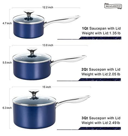 MICHELANGELO Sauce Pan Sets, Ceramic Saucepans with Lids, 1Qt & 2Qt & 3Qt Sauce Pans with Lid, Nonstick Saucepan Set, Small Pot with Stainless Steel Handle, Oven Safe, Blue - CookCave