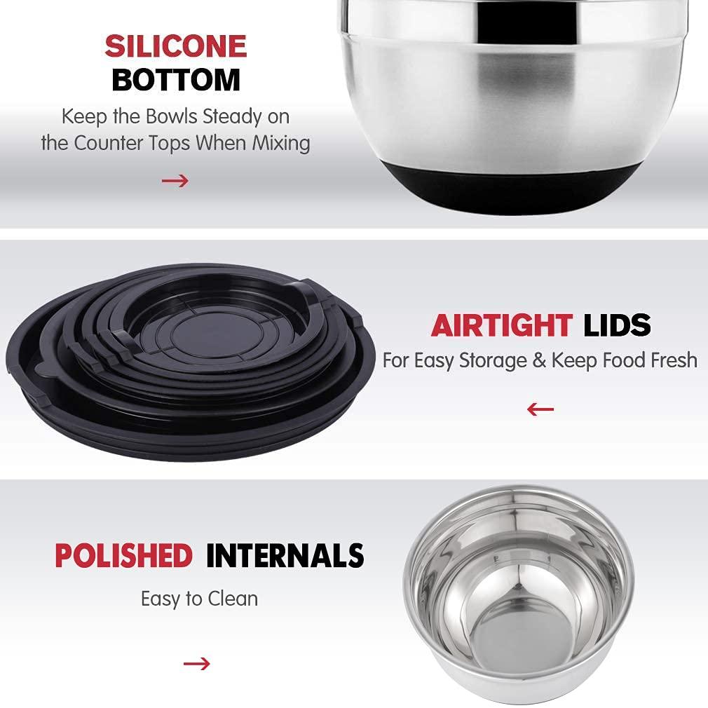 Mixing Bowls Set with Airtight Lids, 20PCS Stainless Steel, Nesting Bowls with 3 Grater Attachments & Non-Slip Bottoms, Size7, 4, 3, 2, 1.5, 1QT Bowls for Baking&Prepping - CookCave