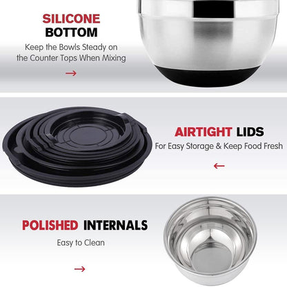 Mixing Bowls Set with Airtight Lids, 20PCS Stainless Steel, Nesting Bowls with 3 Grater Attachments & Non-Slip Bottoms, Size7, 4, 3, 2, 1.5, 1QT Bowls for Baking&Prepping - CookCave