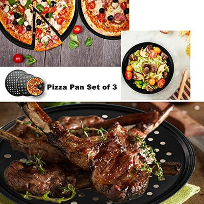 mobzio Baking Steel Pizza Pan with Holes, Round Pizza Pan for Oven, 9 Inch, 11 Inch, 12 Inch Bakeware Pizza Tray, Nonstick Baking Supplies Home Restaurant Kitchen Steel Crisper Pizza Pan Set (3 Pcs) - CookCave