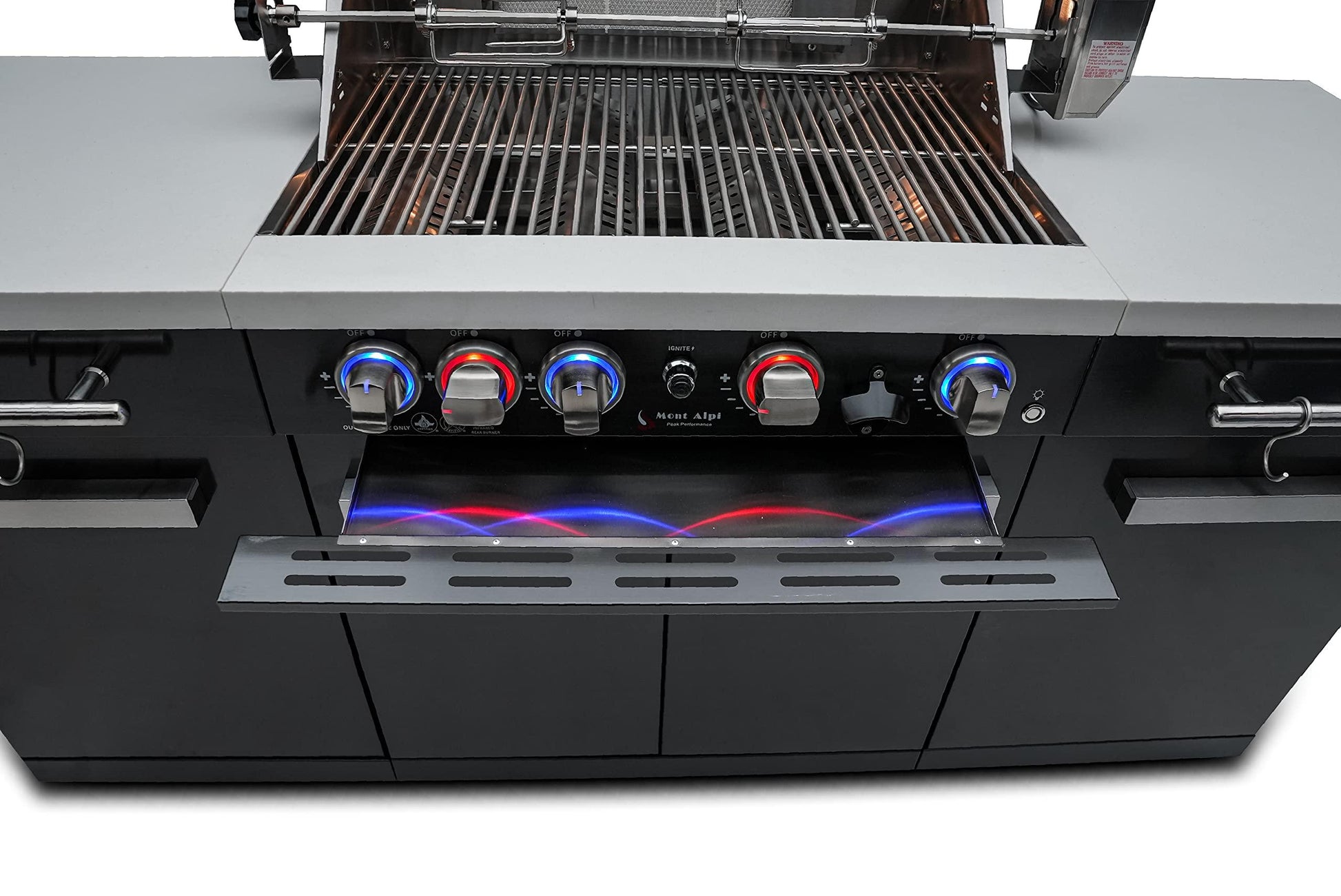 Mont Alpi MA-957 5-Burner 63000 BTU Black Stainless Steel Outdoor Kitchen Bar Gas Island Grill w/Infrared Rear Burner + Rotisserie Kit + Granite Countertop + Storage Cabinets & Full Weather Cover - CookCave