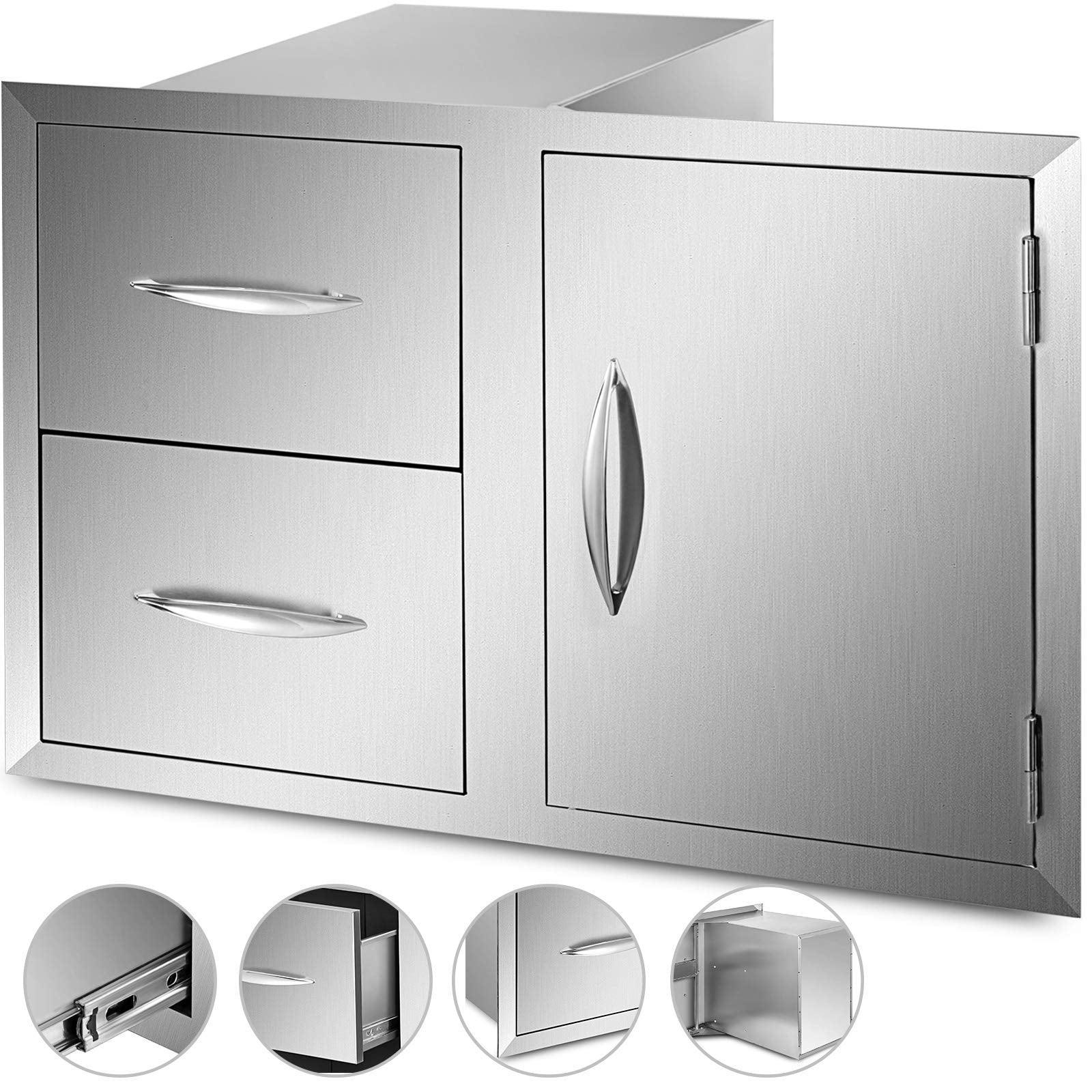 Mophorn Outdoor Kitchen Door Drawer Combo 32.5" W x 21.6" H x 20.5''D, Access Door/Double Drawers with Paper Towel Rack, BBQ Island Drawers with Stainless Steel Handles for Outdoor Kitchen - CookCave