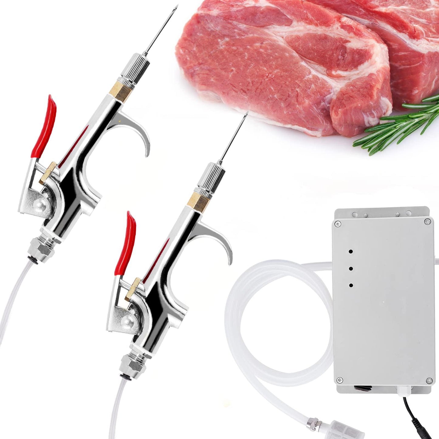 MXBAOHENG Meat Injector Gun Pump with Hose, Stainless Steel Electric Marinade Injector 70W Meat Syringe Double Gun with 10 Needles for Roast Turkey, Pork, Beef (Double Gun) - CookCave