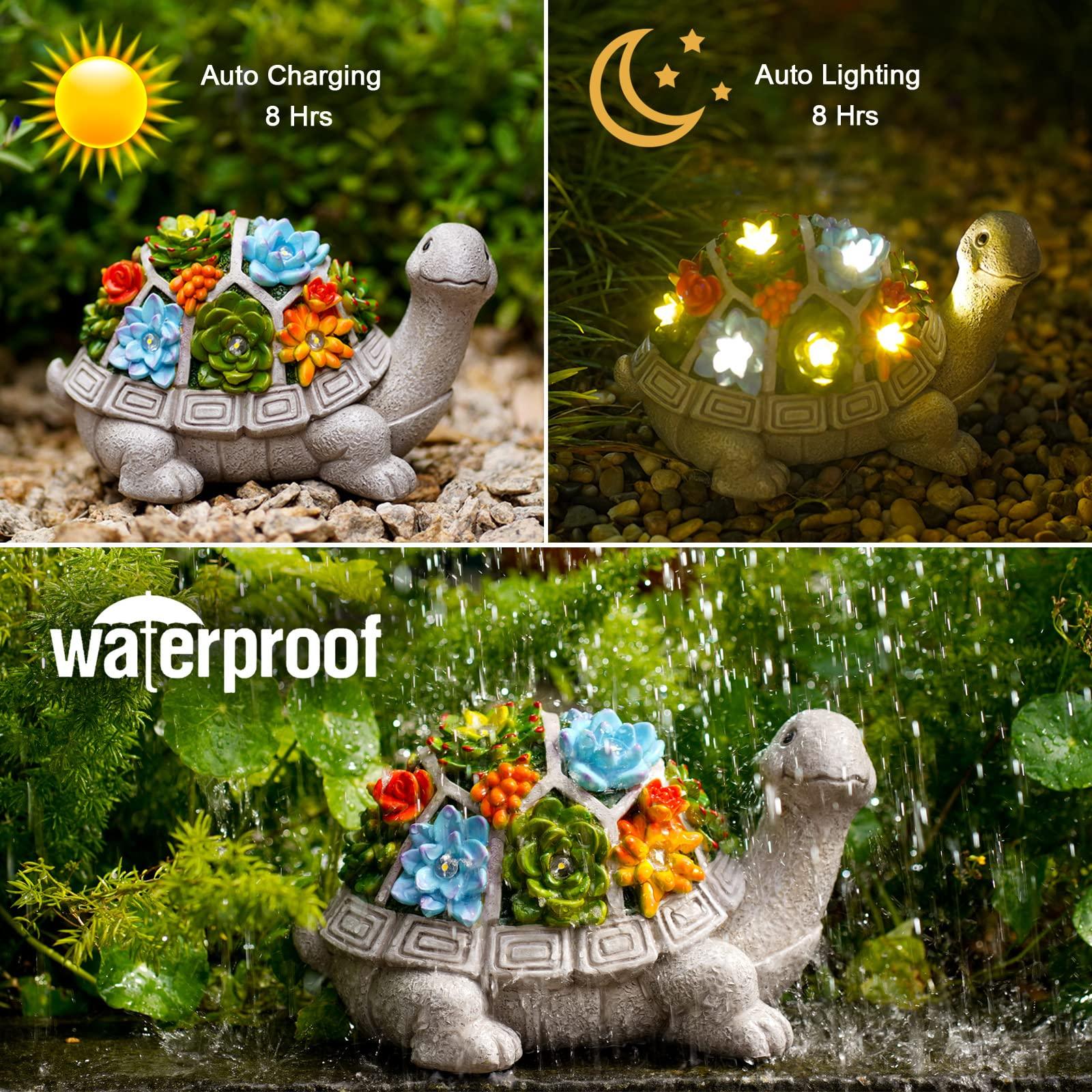 Nacome Solar Garden Outdoor Statues Turtle with Succulent and 7 LED Lights - Lawn Decor Tortoise Statue for Patio, Balcony, Yard Ornament - Unique Housewarming Gifts - CookCave